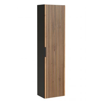 Dulap baie inalt suspendat, din pal si MDF, cu 1 usa, Xilo Stejar Wotan / Negru, l35xA25xH140 cm