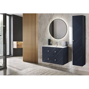 Set Mobilier pentru baie, din pal si MDF, 4 piese, 90 cm, Elegance Medium Bleumarin