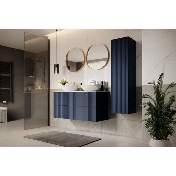 Set Mobilier pentru baie, din pal si MDF, 8 piese, 120 cm, Nicole Bleumarin / Auriu