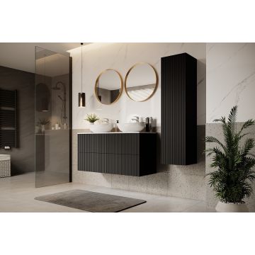 Set Mobilier pentru baie, din pal si MDF, 8 piese, 120 cm, Nicole Negru / Auriu