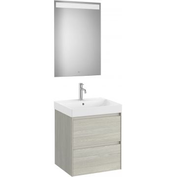 Set mobilier Roca Ona cu dulap baza cu doua sertare 55cm lavoar si oglinda cu iluminare LED stejar alb