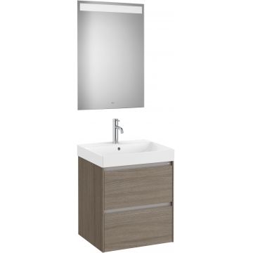 Set mobilier Roca Ona cu dulap baza cu doua sertare 55cm lavoar si oglinda cu iluminare LED ulm inchis