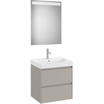 Set mobilier Roca Ona cu dulap baza cu doua sertare 60cm lavoar si oglinda cu iluminare LED gri mat