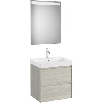 Set mobilier Roca Ona cu dulap baza cu doua sertare 60cm lavoar si oglinda cu iluminare LED stejar alb