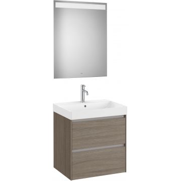 Set mobilier Roca Ona cu dulap baza cu doua sertare 60cm lavoar si oglinda cu iluminare LED ulm inchis