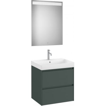 Set mobilier Roca Ona cu dulap baza cu doua sertare 60cm lavoar si oglinda cu iluminare LED verde mat