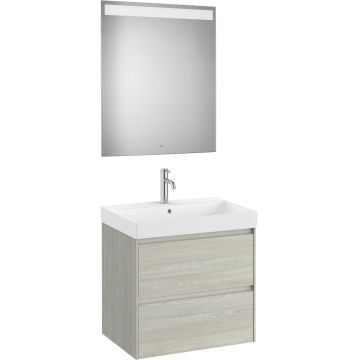 Set mobilier Roca Ona cu dulap baza cu doua sertare 65cm lavoar si oglinda cu iluminare LED stejar alb