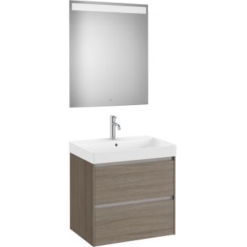 Set mobilier Roca Ona cu dulap baza cu doua sertare 65cm lavoar si oglinda cu iluminare LED ulm inchis