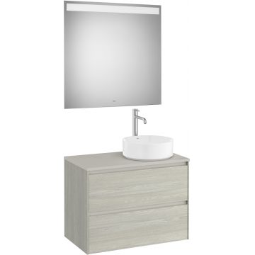 Set mobilier Roca Ona cu dulap baza cu doua sertare 80cm pentru lavoar pe blat dreapta si oglinda cu iluminare LED stejar alb