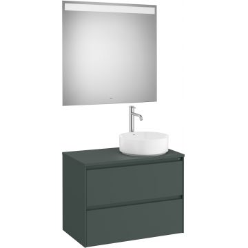 Set mobilier Roca Ona cu dulap baza cu doua sertare 80cm pentru lavoar pe blat dreapta si oglinda cu iluminare LED verde mat