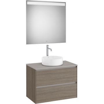 Set mobilier Roca Ona cu dulap baza cu doua sertare 80cm pentru lavoar pe blat si oglinda cu iluminare LED ulm inchis