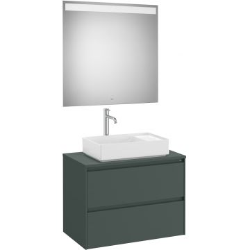 Set mobilier Roca Ona cu dulap baza cu doua sertare 80cm pentru lavoar pe blat si oglinda cu iluminare LED verde mat