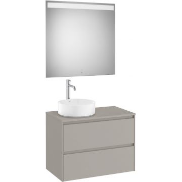 Set mobilier Roca Ona cu dulap baza cu doua sertare 80cm pentru lavoar pe blat stanga si oglinda cu iluminare LED gri mat