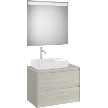 Set mobilier Roca Ona cu dulap baza cu doua sertare 80cm pentru lavoar pe blat stanga si oglinda cu iluminare LED stejar alb