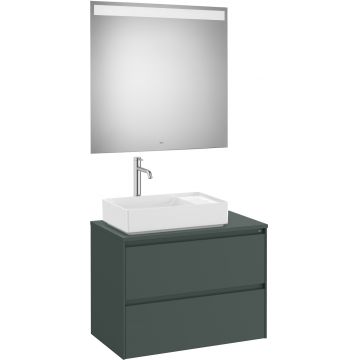 Set mobilier Roca Ona cu dulap baza cu doua sertare 80cm pentru lavoar pe blat stanga si oglinda cu iluminare LED verde mat