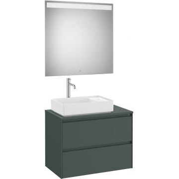 Set mobilier Roca Ona cu dulap baza cu doua sertare 80cm pentru lavoar pe blat stanga si oglinda cu iluminare LED verde mat