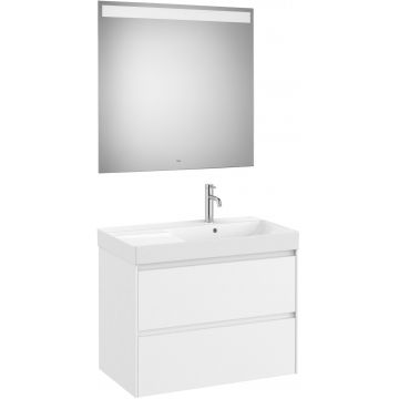 Set mobilier Roca Ona cu dulap baza cu doua sertare 80cm si lavoar asimetric orientare dreapta si oglinda cu iluminare LED alb mat