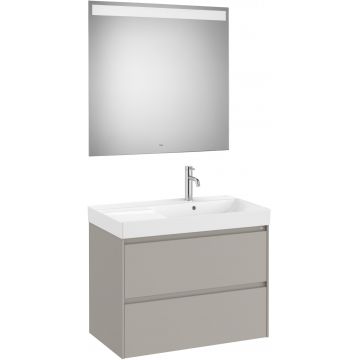 Set mobilier Roca Ona cu dulap baza cu doua sertare 80cm si lavoar asimetric orientare dreapta si oglinda cu iluminare LED gri mat