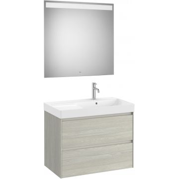 Set mobilier Roca Ona cu dulap baza cu doua sertare 80cm si lavoar asimetric orientare dreapta si oglinda cu iluminare LED stejar alb