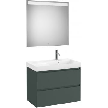 Set mobilier Roca Ona cu dulap baza cu doua sertare 80cm si lavoar asimetric orientare dreapta si oglinda cu iluminare LED verde mat