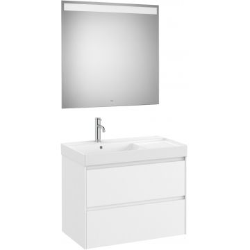 Set mobilier Roca Ona cu dulap baza cu doua sertare 80cm si lavoar asimetric orientare stanga si oglinda cu iluminare LED alb mat