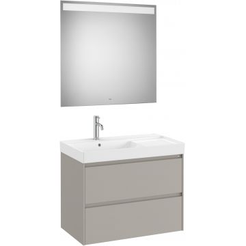 Set mobilier Roca Ona cu dulap baza cu doua sertare 80cm si lavoar asimetric orientare stanga si oglinda cu iluminare LED gri mat