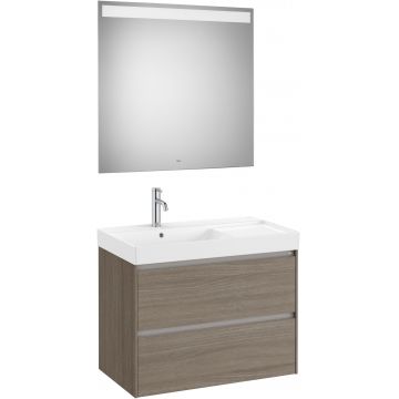 Set mobilier Roca Ona cu dulap baza cu doua sertare 80cm si lavoar asimetric orientare stanga si oglinda cu iluminare LED ulm inchis