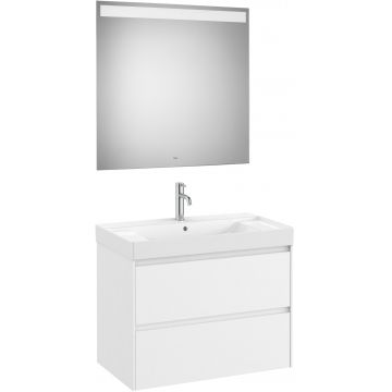 Set mobilier Roca Ona cu dulap baza cu doua sertare 80cm si lavoar si oglinda cu iluminare LED alb mat