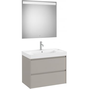 Set mobilier Roca Ona cu dulap baza cu doua sertare 80cm si lavoar si oglinda cu iluminare LED gri mat