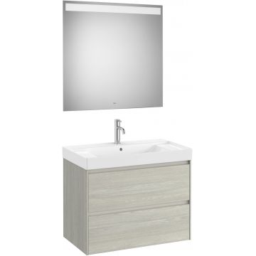 Set mobilier Roca Ona cu dulap baza cu doua sertare 80cm si lavoar si oglinda cu iluminare LED stejar alb