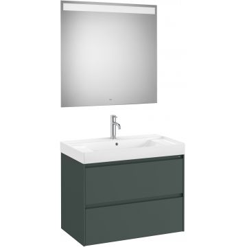 Set mobilier Roca Ona cu dulap baza cu doua sertare 80cm si lavoar si oglinda cu iluminare LED verde mat