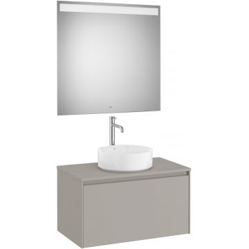 Set mobilier Roca Ona cu dulap baza cu un sertar 80cm pentru lavoar pe blat si oglinda cu iluminare LED gri mat