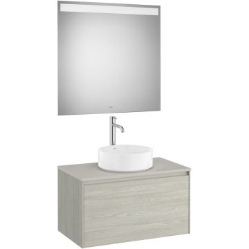 Set mobilier Roca Ona cu dulap baza cu un sertar 80cm pentru lavoar pe blat si oglinda cu iluminare LED stejar alb