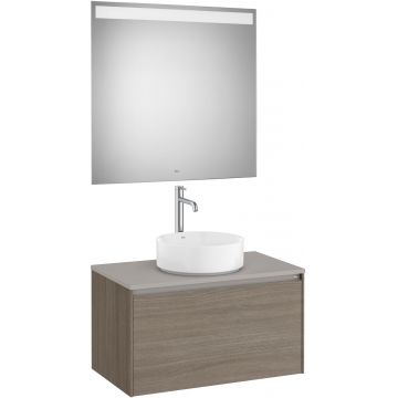 Set mobilier Roca Ona cu dulap baza cu un sertar 80cm pentru lavoar pe blat si oglinda cu iluminare LED ulm inchis