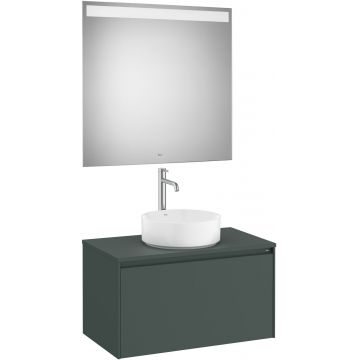 Set mobilier Roca Ona cu dulap baza cu un sertar 80cm pentru lavoar pe blat si oglinda cu iluminare LED verde mat