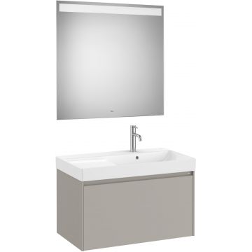 Set mobilier Roca Ona cu dulap baza cu un sertar 80cm si lavoar asimetric orientare dreapta si oglinda cu iluminare LED gri mat