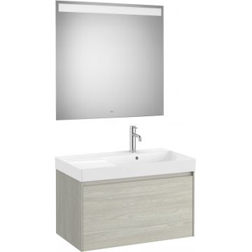 Set mobilier Roca Ona cu dulap baza cu un sertar 80cm si lavoar asimetric orientare dreapta si oglinda cu iluminare LED stejar alb