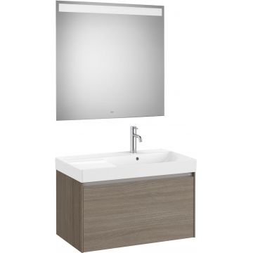 Set mobilier Roca Ona cu dulap baza cu un sertar 80cm si lavoar asimetric orientare dreapta si oglinda cu iluminare LED ulm inchis