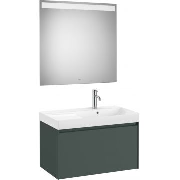 Set mobilier Roca Ona cu dulap baza cu un sertar 80cm si lavoar asimetric orientare dreapta si oglinda cu iluminare LED verde mat