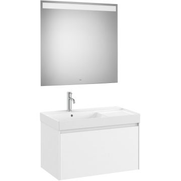 Set mobilier Roca Ona cu dulap baza cu un sertar 80cm si lavoar asimetric orientare stanga si oglinda cu iluminare LED alb mat