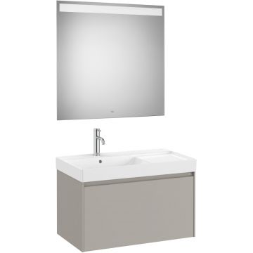 Set mobilier Roca Ona cu dulap baza cu un sertar 80cm si lavoar asimetric orientare stanga si oglinda cu iluminare LED gri mat