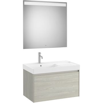 Set mobilier Roca Ona cu dulap baza cu un sertar 80cm si lavoar asimetric orientare stanga si oglinda cu iluminare LED stejar alb