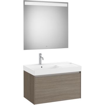 Set mobilier Roca Ona cu dulap baza cu un sertar 80cm si lavoar asimetric orientare stanga si oglinda cu iluminare LED ulm inchis