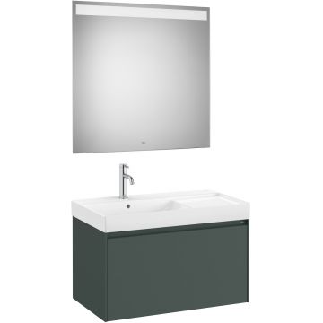 Set mobilier Roca Ona cu dulap baza cu un sertar 80cm si lavoar asimetric orientare stanga si oglinda cu iluminare LED verde mat