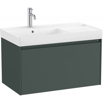 Set mobilier Roca Ona cu dulap baza cu un sertar 80cm si lavoar asimetric orientare stanga verde mat