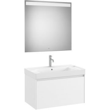 Set mobilier Roca Ona cu dulap baza cu un sertar 80cm si lavoar si oglinda cu iluminare LED alb mat