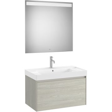 Set mobilier Roca Ona cu dulap baza cu un sertar 80cm si lavoar si oglinda cu iluminare LED stejar alb