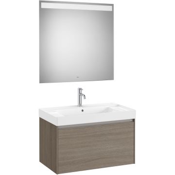 Set mobilier Roca Ona cu dulap baza cu un sertar 80cm si lavoar si oglinda cu iluminare LED ulm inchis