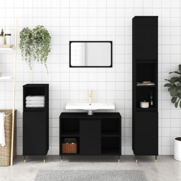 vidaXL Set mobilier de baie, 3 piese, negru, lemn compozit