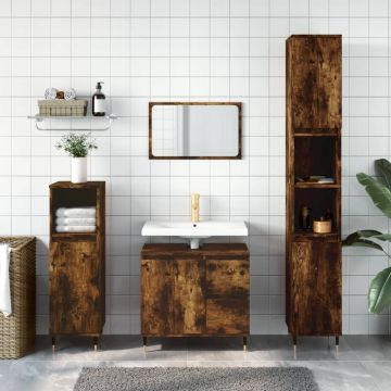 vidaXL Set mobilier de baie, 3 piese, stejar fumuriu, lemn prelucrat